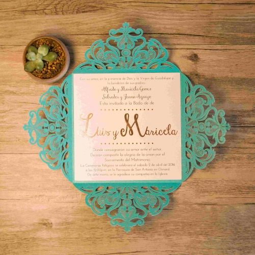 Invitación de boda modelo JOYA color verde azulado macarons